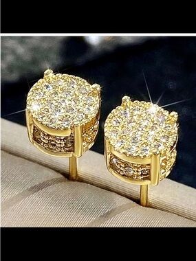 Gold Pavé Round Stud Earrings with Clear Crystals